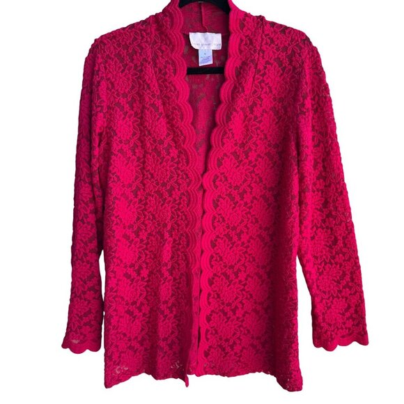 Susan Graver Style Red Lace Semi Sheer Scalloped Edge Open Front Cardigan M - Picture 1 of 9
